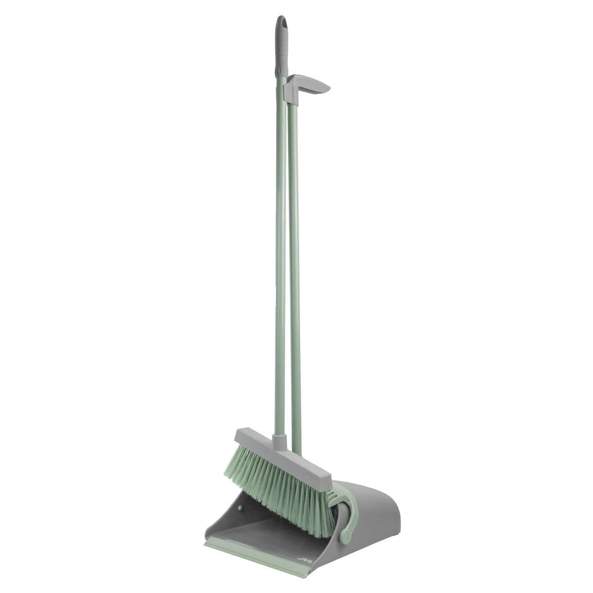JVL Long Handle Lobby Dustpan and Brush Set - Upright Storage, Built-in Comb, Grey