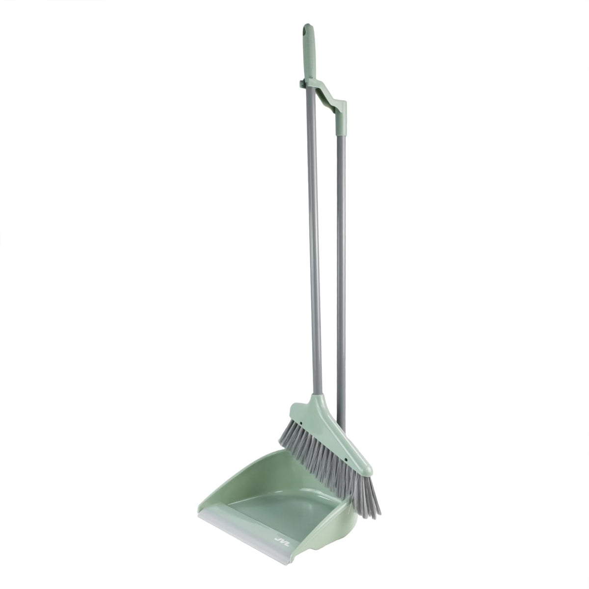 JVL Long Handle Dustpan and Brush Set - Upright Stand Up Cleaning | Grey & Green | H:84cm