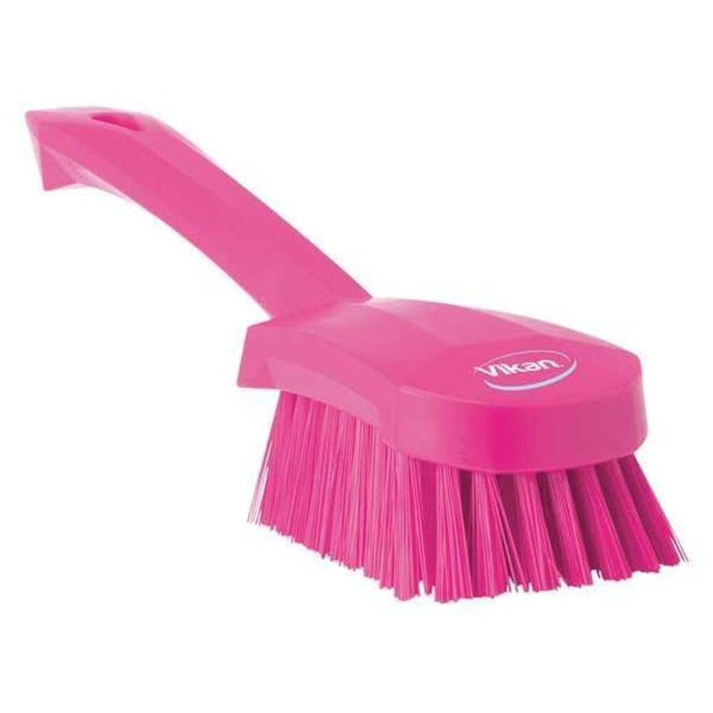 Vikan 41921 Stiff Bristle Hand Brush - Ergonomic Grip | FDA Compliant | Pink