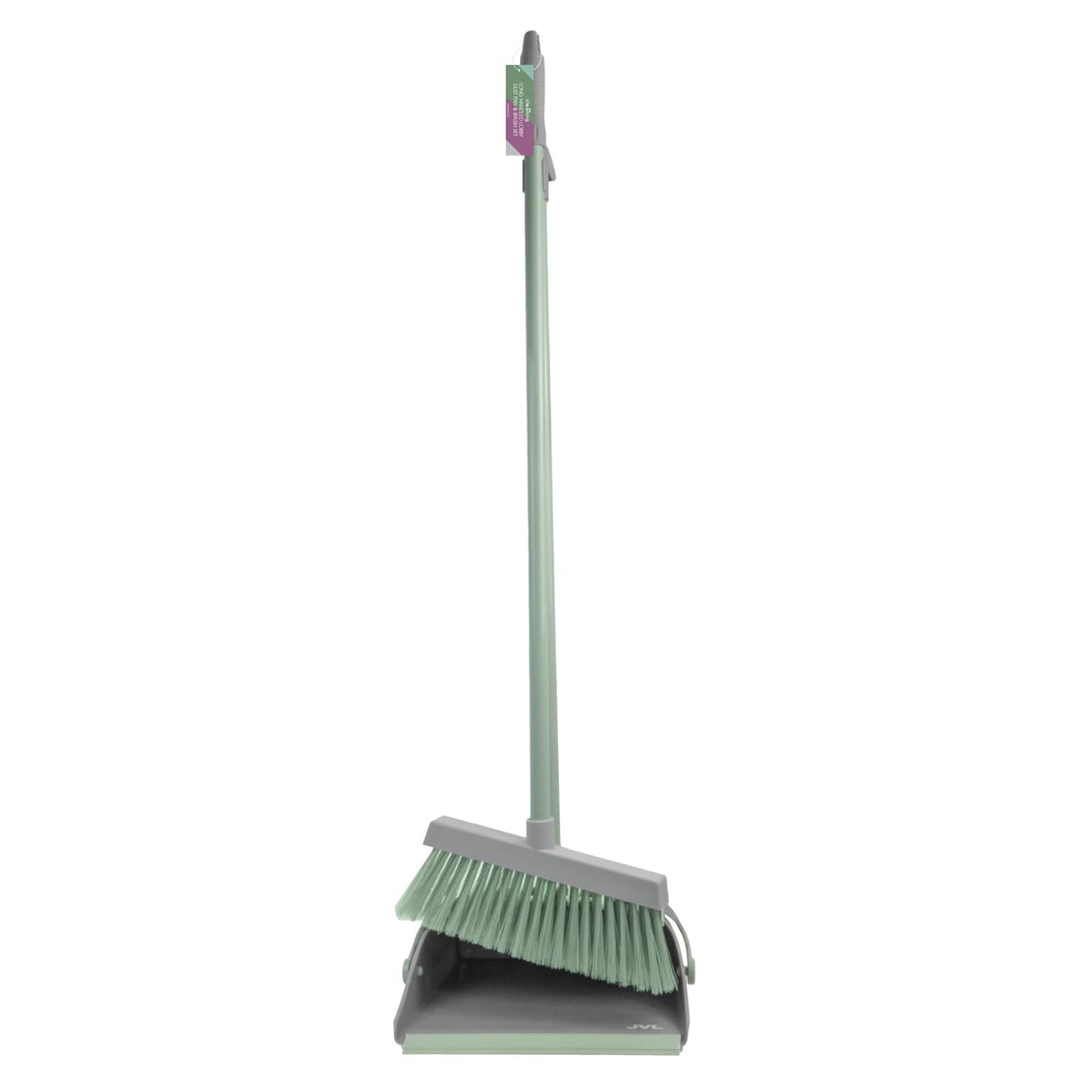 JVL Long Handle Lobby Dustpan and Brush Set - Upright Storage, Built-in Comb, Grey