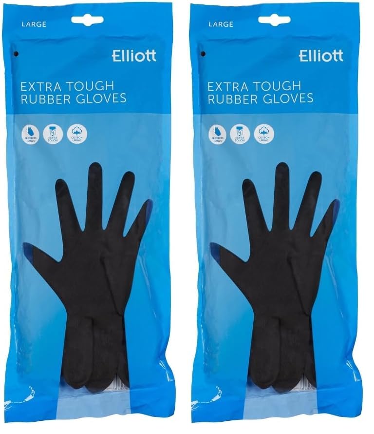 Elliott Heavy Duty Household Rubber Gloves - Extra Strong, Flock Lined, Easy Grip, Long Cuffs | Large Size | Black