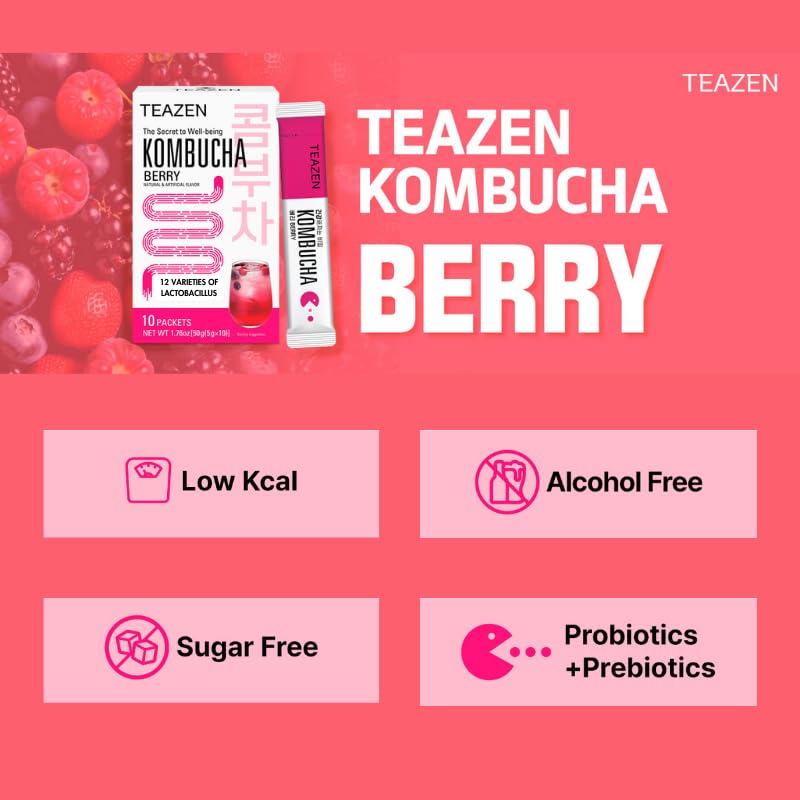 TEAZEN Berry Kombucha Tea - Sugar Free, Live Probiotics, 10 Packets