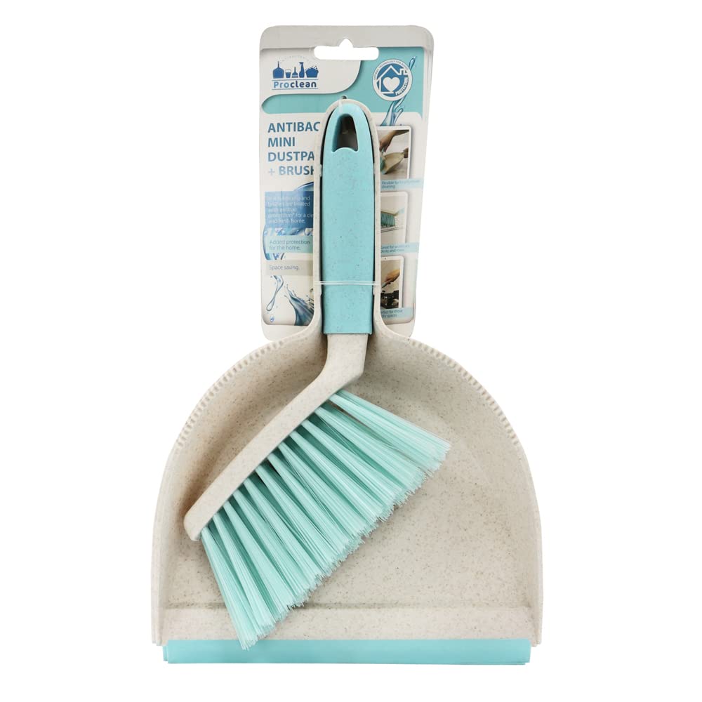 JVL Pro Clean Anti-Bac Mini Dustpan and Brush Set - Silver Phosphate Antibac Protection | Rubber Lip | Slim Handle