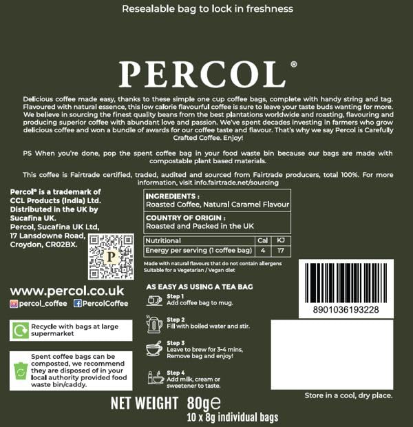 PERCOL Creamy Caramel Flavoured Ground Coffee Bags - 10 x 8g Bags