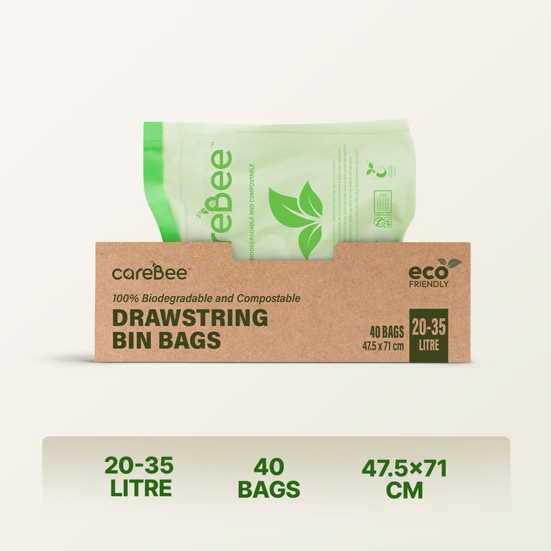 CareBee Drawstring Bin Bags - Heavy Duty, Leakproof, Odour Control | Pack of 40, 35L 4