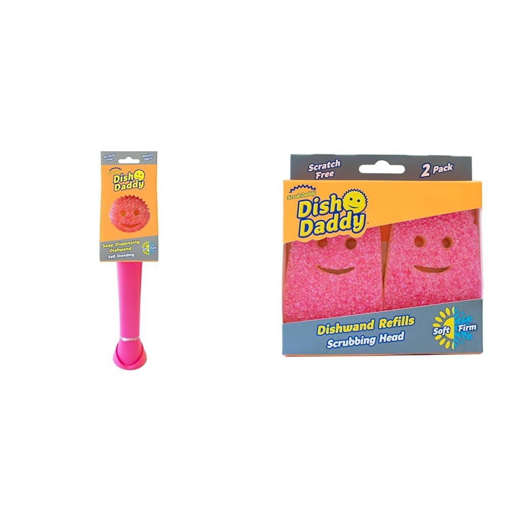 Scrub Daddy Dish Wand - Soap Dispensing Scrubber with Drip Stand | Pink | Sponge 1