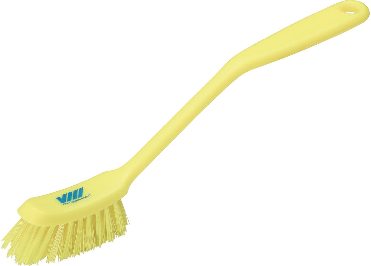 Vikan Fine Dish Brush - Heavy-Duty, Narrow, Slip-Resistant Cleaning Brush with Scraper | Yellow Plastic