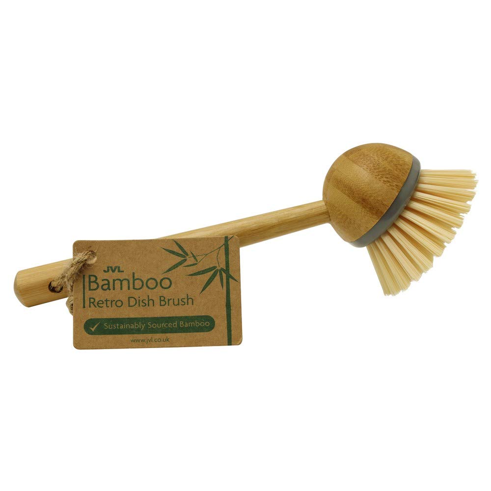 JVL Round Bamboo Dish Brush - Long Handle, Natural Bristles | 22cm Height