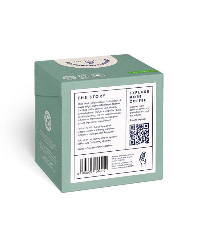 Presto Coffee House Decaf Coffee Bags - Light Roast, 80g (10 Count)