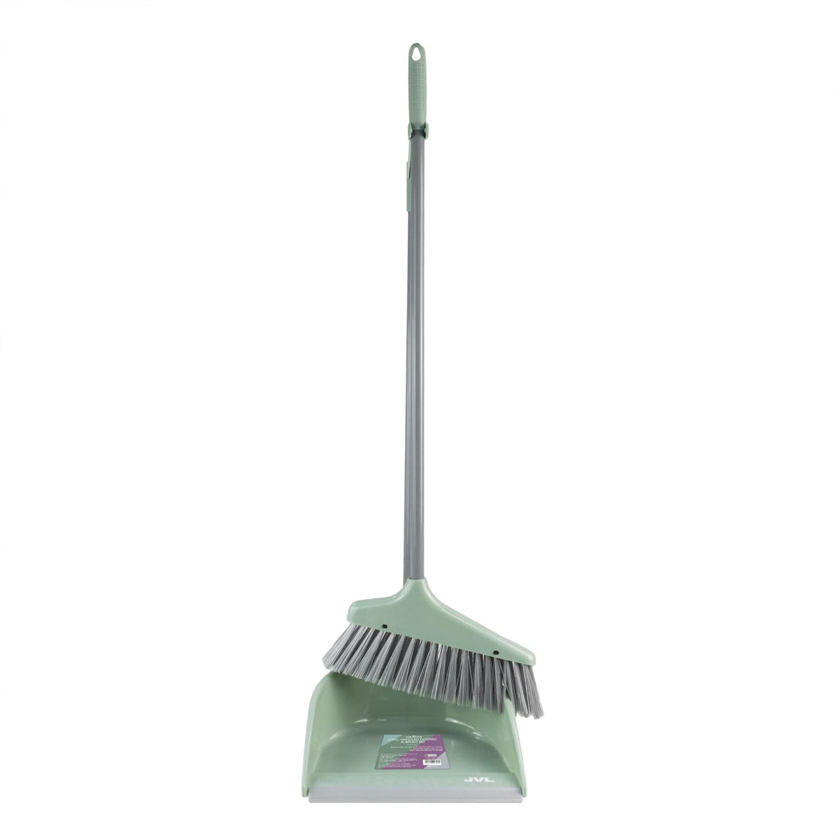 JVL Long Handle Dustpan and Brush Set - Upright Stand Up Cleaning | Grey & Green | H:84cm