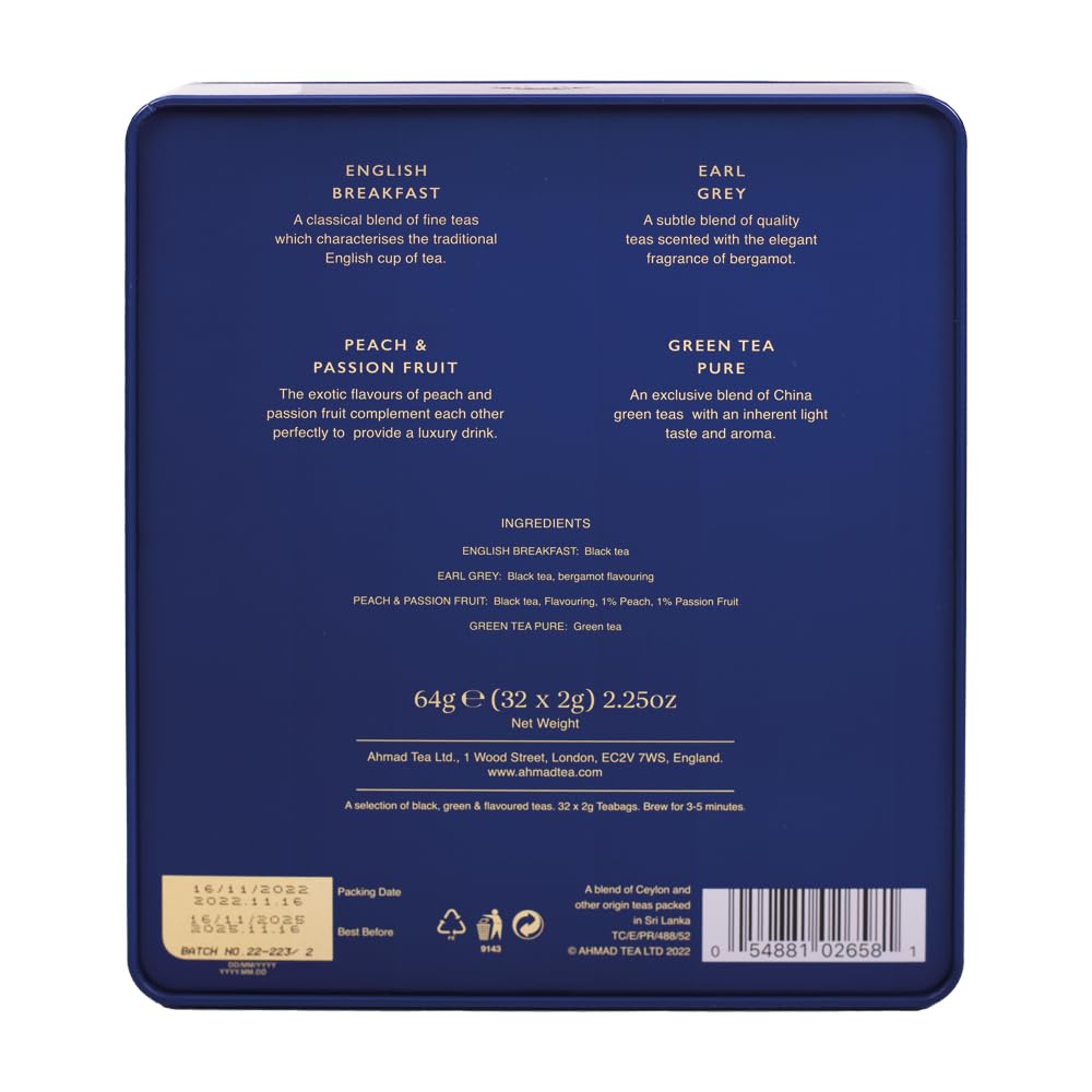 Ahmad Tea Royal Tea Selection Cameo Caddy - 32 Teabags | English Breakfast, Earl Grey, Peach & Passion Fruit, Green Tea Pure 4