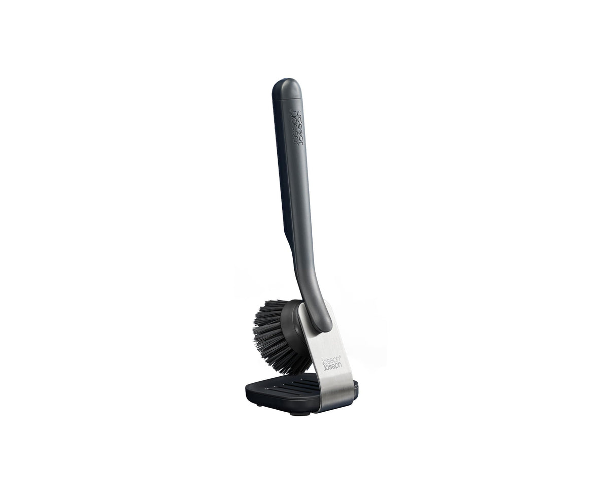 Joseph Joseph SinkTech Dish Brush with Stainless-Steel Storage Stand - Graphite | Integrated Pan Scraper | Replaceable Head