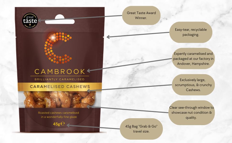 C Cambrook Extraordinary Nuts Caramelised Cashews - Gluten Free, Suitable for Vegetarians | 45g Bag (Pack of 3) 3