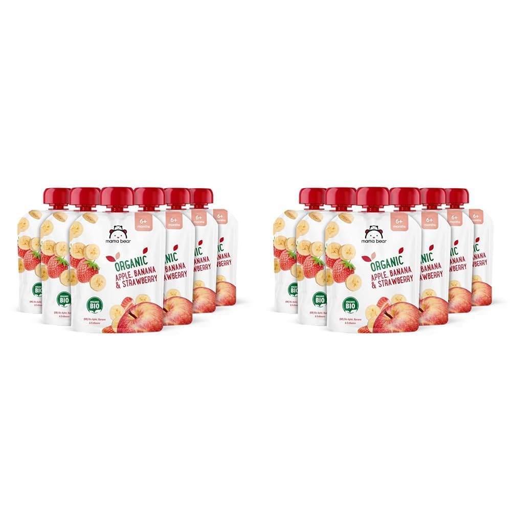 Mama Bear Organic Apple, Banana & Strawberry Fruit Pouch - 6 x 90g Pouches, Suitable for 6+ Months 1
