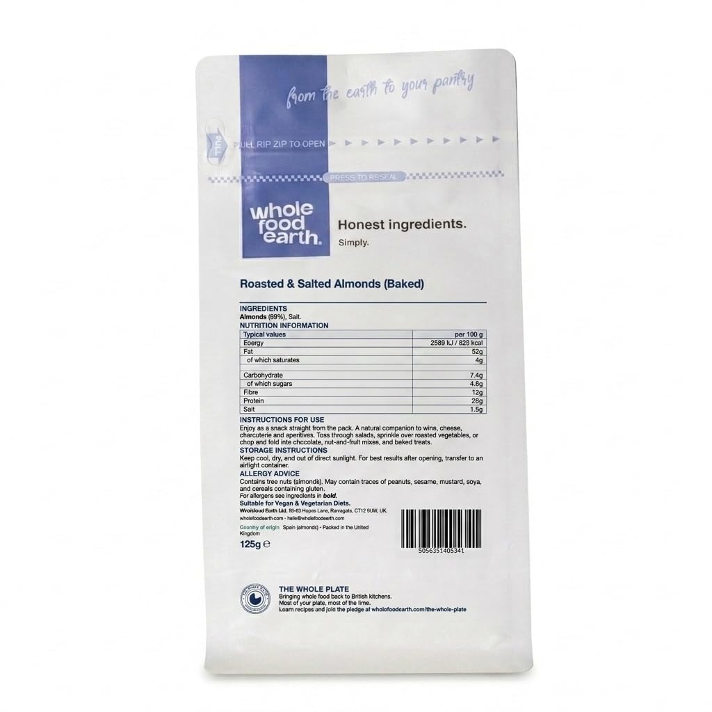 Wholefood Earth Roasted & Salted Almonds - Baked Not Fried | High Fibre | 125g