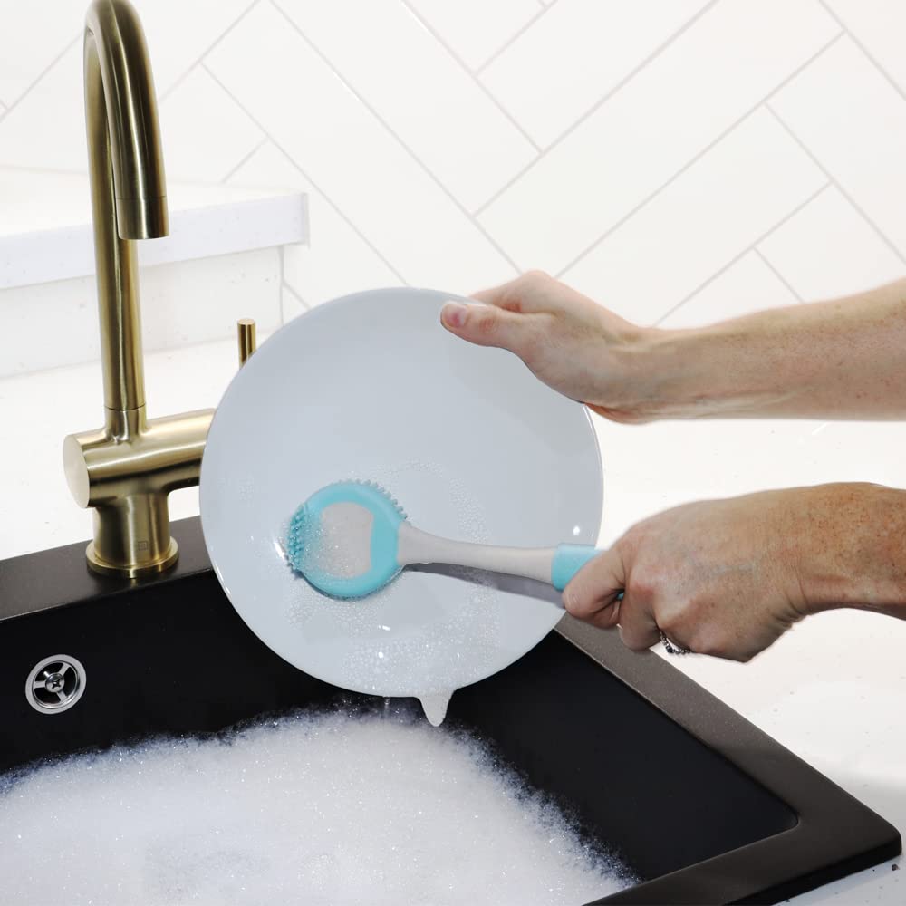 JVL Pro Clean Anti-Bacteria Rubber Dish Brush with Extra Bristles - Blue, Flexible 7