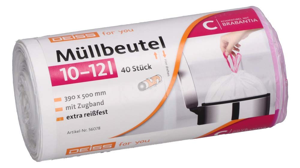 Deiss 10-12 Litre Bin Liners - Extra Tear-Resistant | Pack of 40 | White with Pink Drawstring