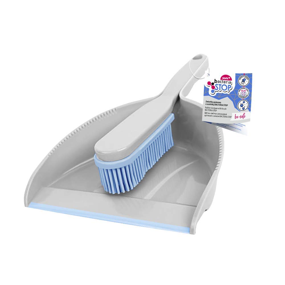 York Bacteria Stop Hand Brush and Shovel Set - Rubber Bristles, Pet Hair Removal | Grey/Blue | 30cm