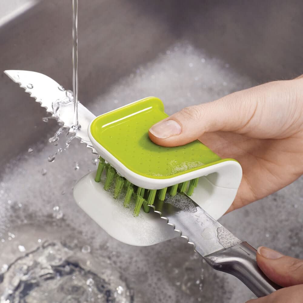 Joseph Joseph BladeBrush Knife and Cutlery Cleaner - Cleans Both Sides Safely | Green Plastic