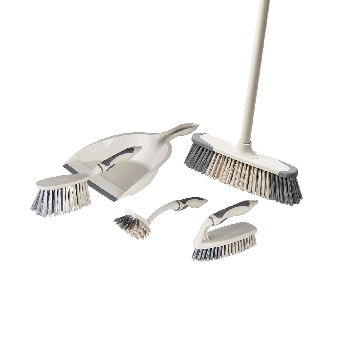 Tower 5-in-1 Cleaning Set - Dustpan & Brush, Broom, Dish Brush, Scrub Brush | 5 Pieces | Latte