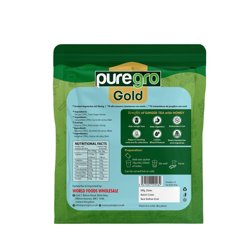 Puregro Instant Ginger Tea with Honey - 20 Sachets | Warming & Soothing Herbal Tea
