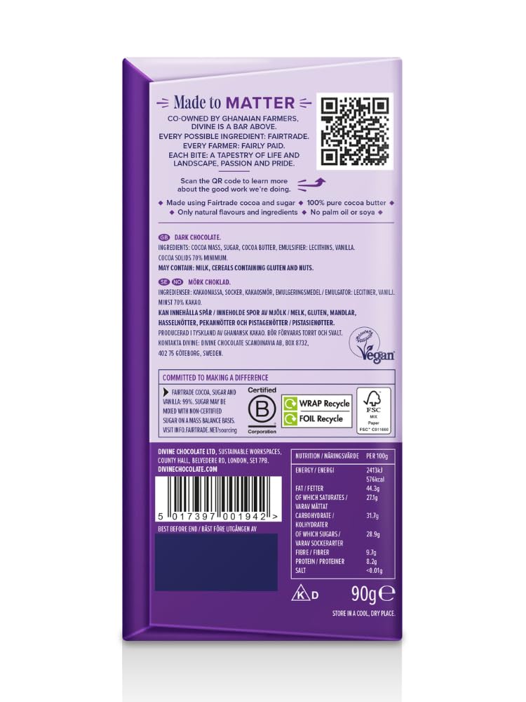 Divine 70% Cocoa Dark Chocolate Bars - 15 x 90g Bars | Fairtrade Certified | Made in Germany 3