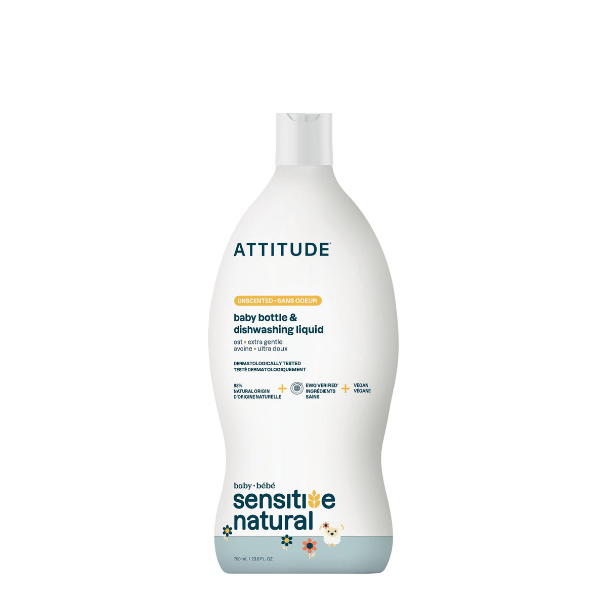 ATTITUDE Baby Bottle and Dishwashing Liquid - Gentle Formula, Unscented, 700 ml