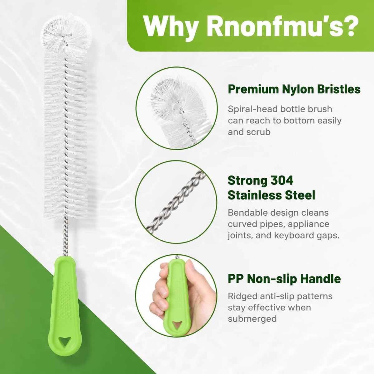 Admygo 3-in-1 Bottle Cleaning Brush Set - Long Handle, Straw Cleaner, Lid Brush | Green 3