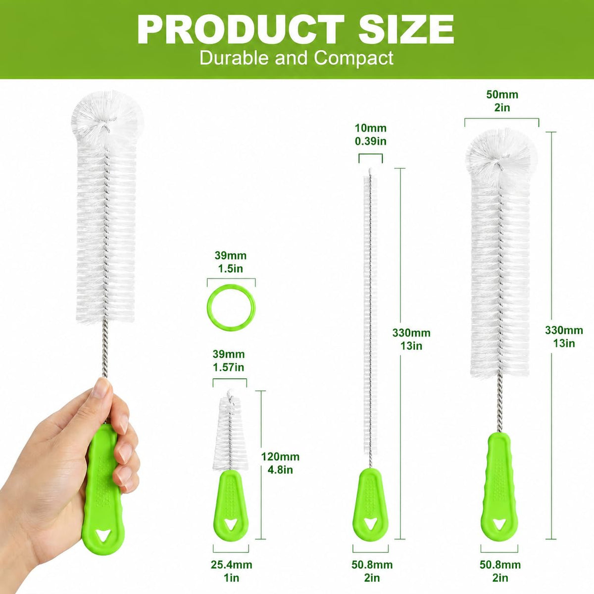 Admygo 3-in-1 Bottle Cleaning Brush Set - Long Handle, Straw Cleaner, Lid Brush | Green