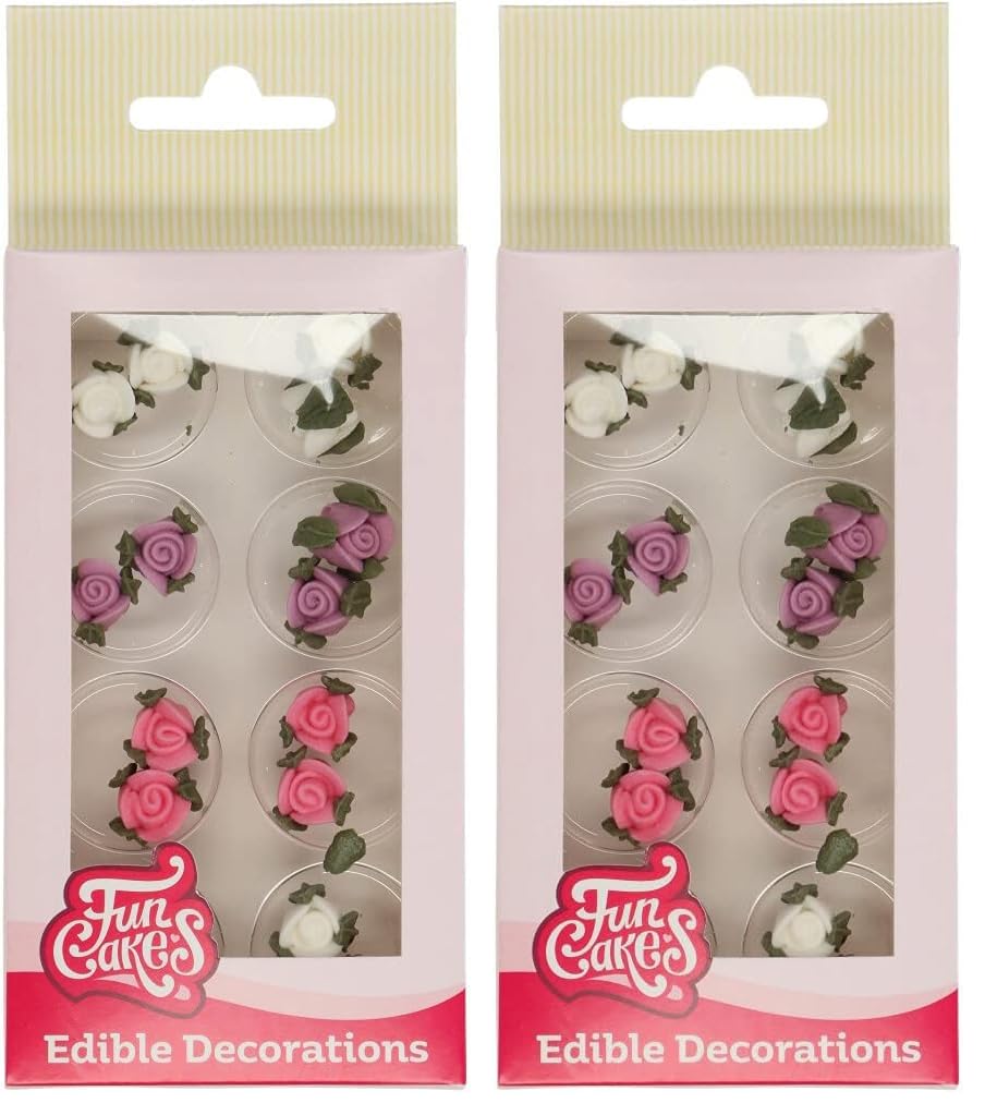 FunCakes Sugar Decorations Roses with Leafs - Gluten Free Edible Cake Toppers (Pack of 2)