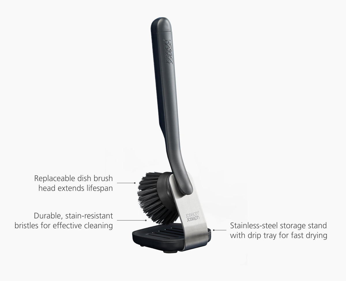 Joseph Joseph SinkTech Dish Brush with Stainless-Steel Storage Stand - Graphite | Integrated Pan Scraper | Replaceable Head 5
