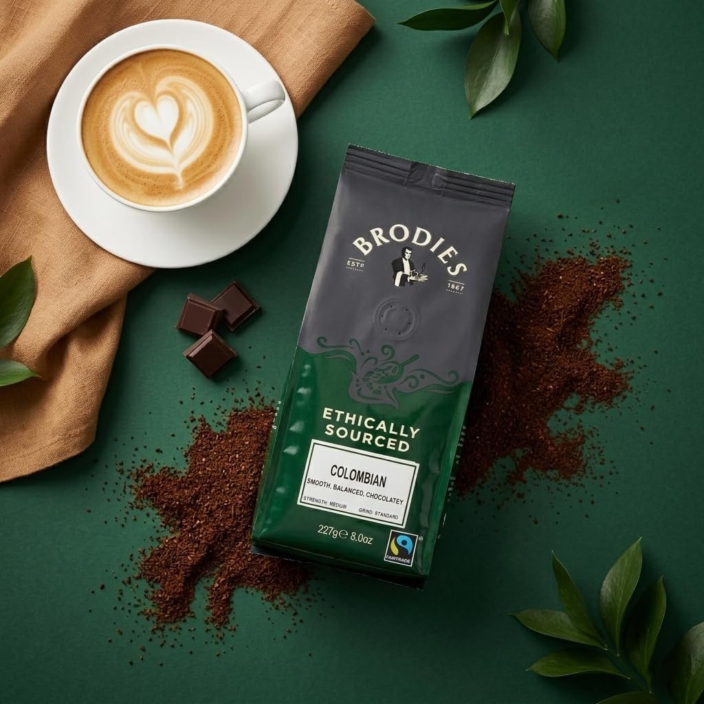 Brodies Colombian Fairtrade Ground Coffee - 100% Arabica, Medium Intensity, Chocolate Notes | 227g Pack of 6 6
