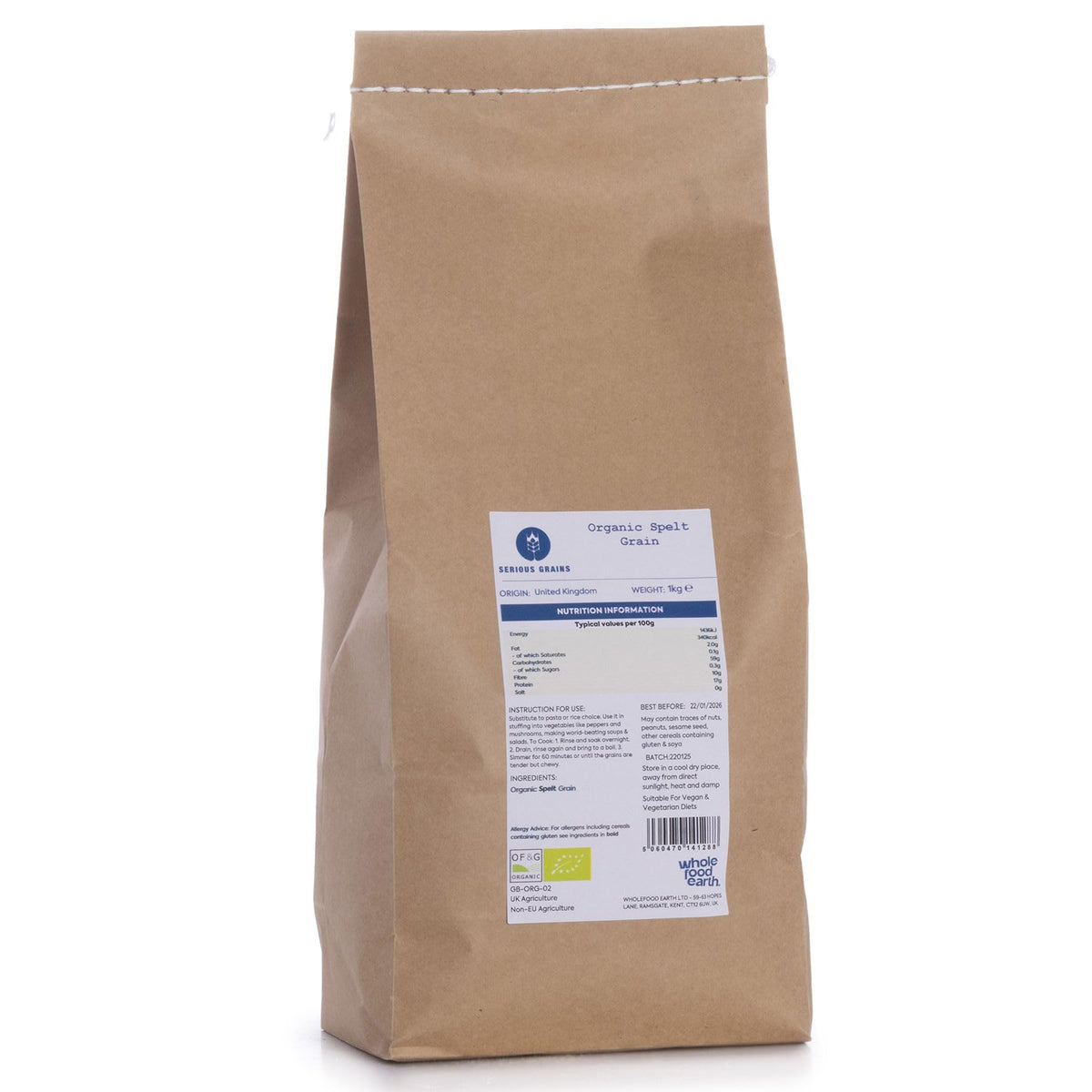 Wholefood Earth Organic Spelt Grain - High Fibre | 1kg 1