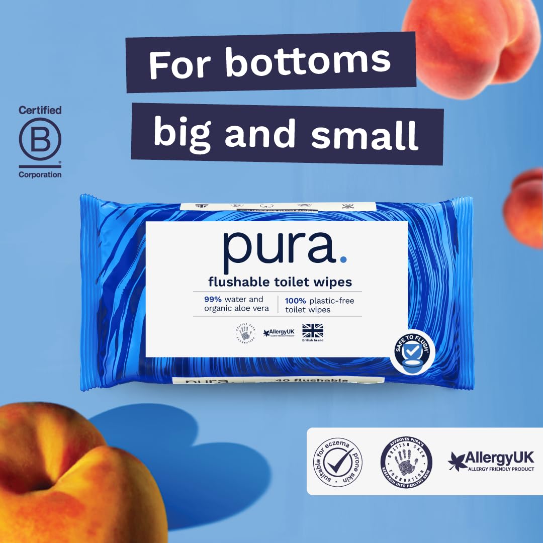 Pura Flushable Moist Toilet Tissue Wipes - 3 Pack of 40 Wipes | Fine to Flush Accredited | Unscented 3