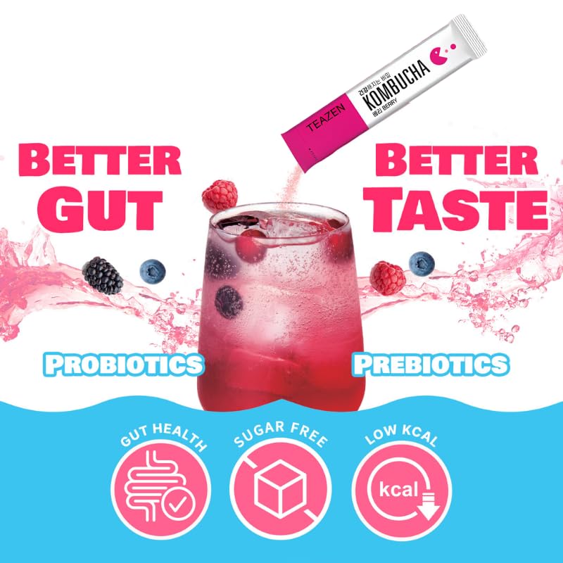 TEAZEN Berry Kombucha Tea - Sugar Free, Live Probiotics, 10 Packets 4