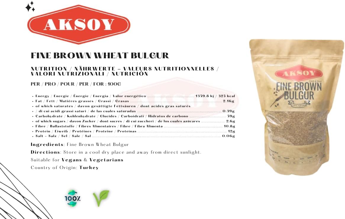 AKSOY Fine Brown Bulgur Wheat - 1.25kg Bag | Whole Grain | Vegan & Vegetarian