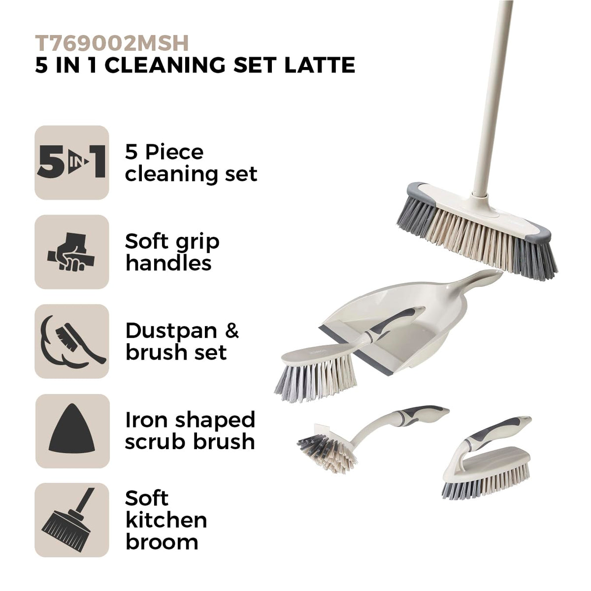 Tower 5-in-1 Cleaning Set - Dustpan & Brush, Broom, Dish Brush, Scrub Brush | 5 Pieces | Latte
