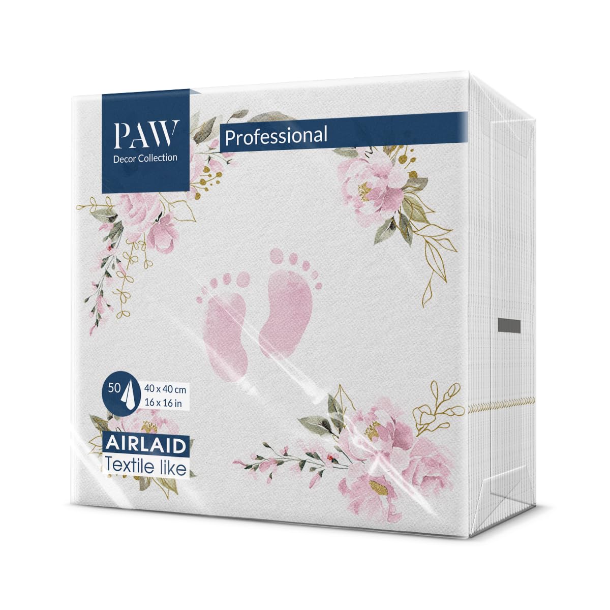 PAW Decor Collection Linen Feel Napkins - Baby Feet Light Pink | 40 x 40 cm | 50 Pack