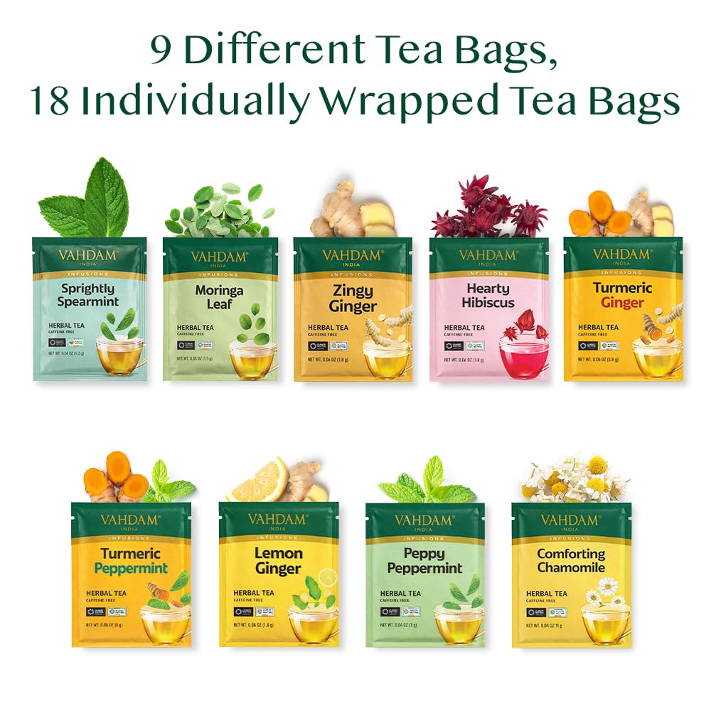 VAHDAM Assorted Herbal Tea Sampler - 18 Tea Bags, 9 Caffeine-Free Flavors