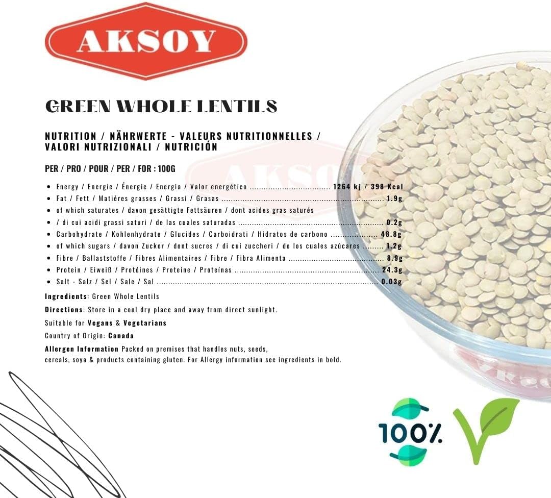 AKSOY Green Whole Lentils - 1.25 kg | Nutty Flavour | Firm Texture | Resealable Pouch 3