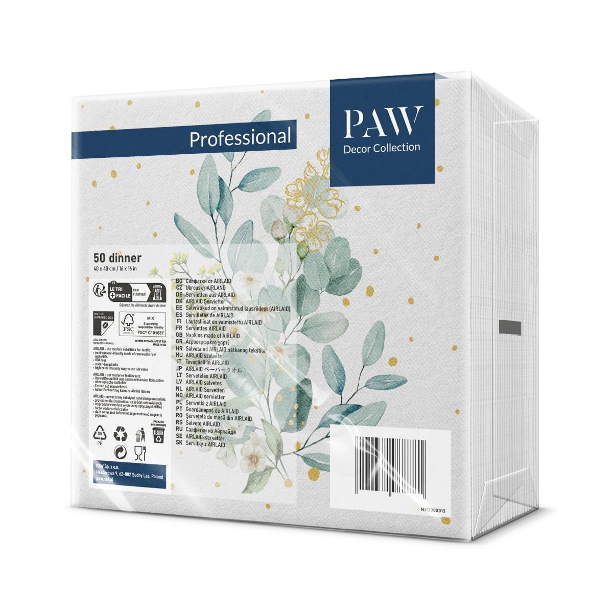 PAW Linen Feel Napkins - Eucalyptus Bouquet | 40 x 40 cm | 50 Pack
