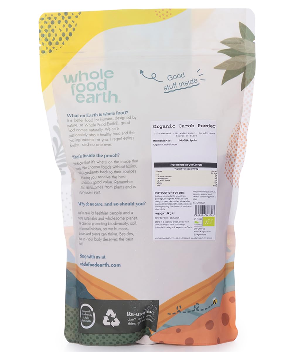 Wholefood Earth Organic Carob Powder - 1kg Bag | Vegan | High Fibre | Caffeine-Free 2