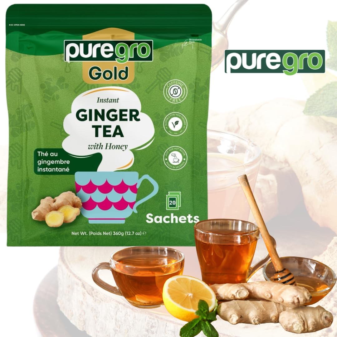 Puregro Instant Ginger Tea with Honey - 20 Sachets | Warming & Soothing Herbal Tea 7