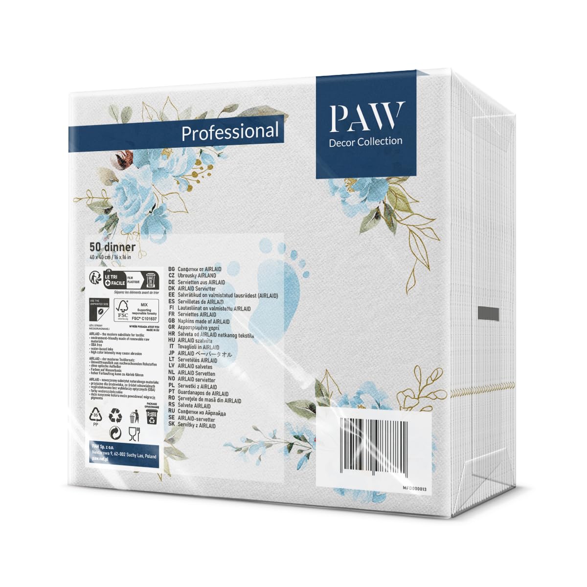 PAW Decor Collection Linen Feel Napkins - Baby Feet Light Blue | 40 x 40 cm | 50 Pack