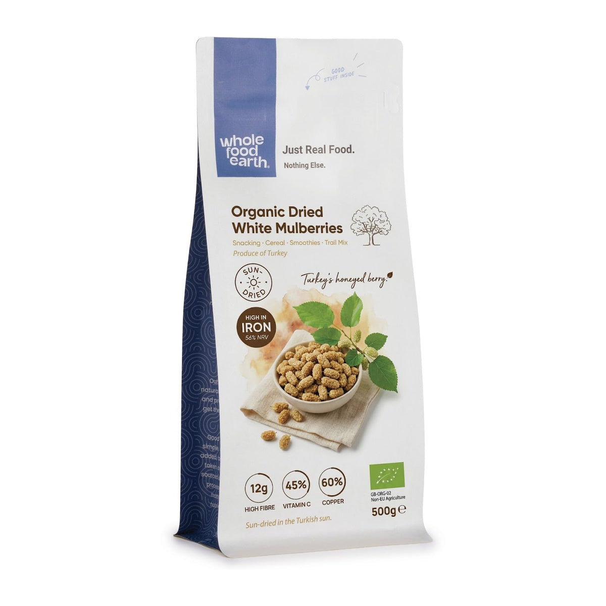 Wholefood Earth Organic Dried White Mulberries - 500g | Raw | Sundried