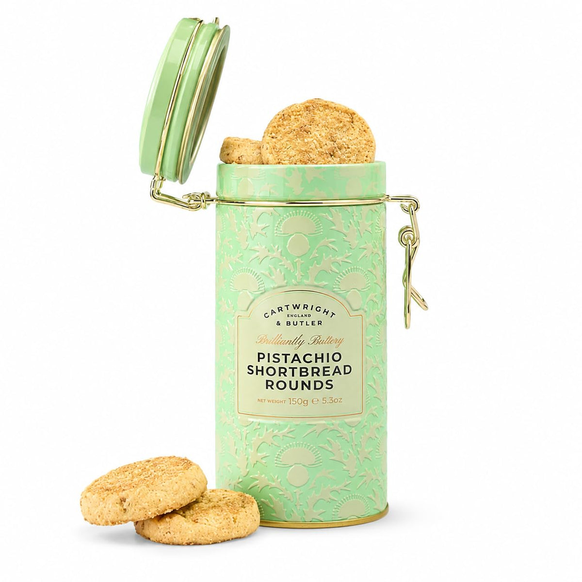 Cartwright & Butler Pistachio Shortbread Rounds - 150g Tin | Rich & Buttery | Vegetarian
