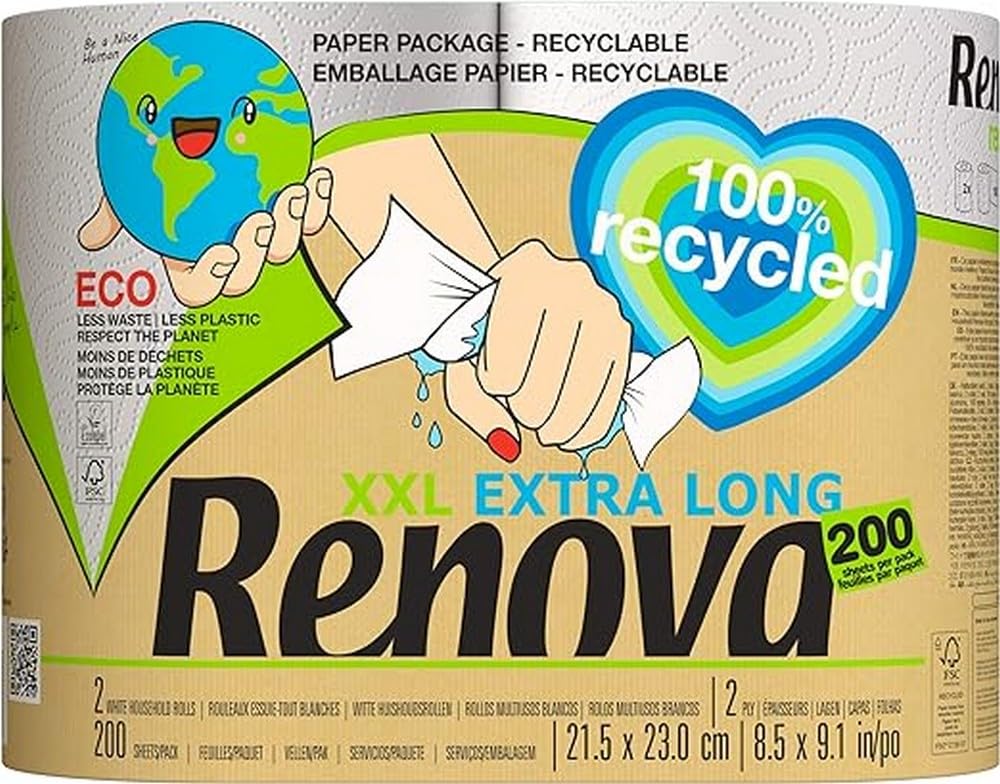 Renova Recycled XXL Kitchen Roll - 2 Rolls, White, 2-Ply | 100 Services per Roll