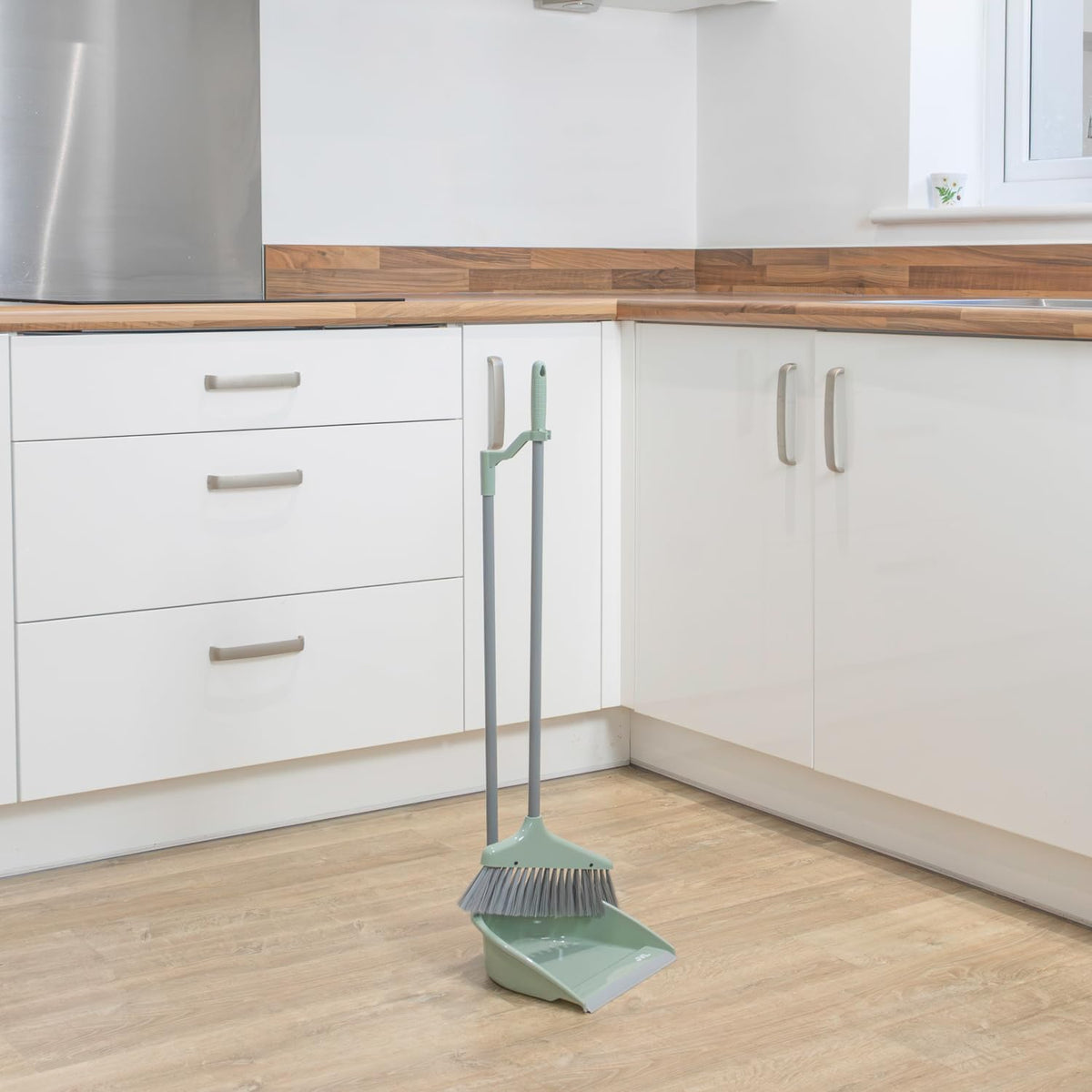 JVL Long Handle Dustpan and Brush Set - Upright Stand Up Cleaning | Grey & Green | H:84cm 9