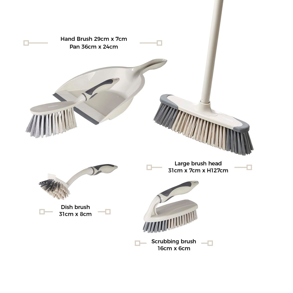 Tower 5-in-1 Cleaning Set - Dustpan & Brush, Broom, Dish Brush, Scrub Brush | 5 Pieces | Latte 9