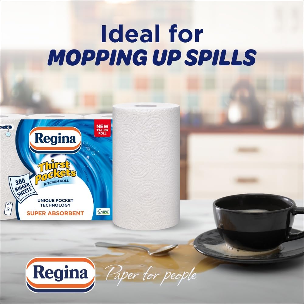 Regina Thirst Pockets Kitchen Roll - 6 Extra-Long Rolls | 600 Double Layered Sheets | High Absorbent 3